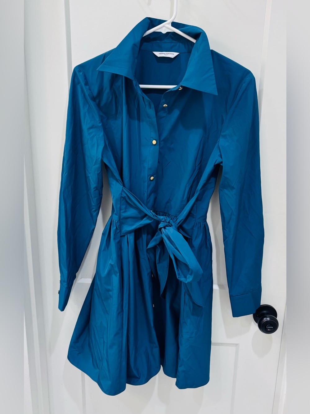 Amanda Uprichard Teal Blue Long Sleeve Shirt Dress with Waist Tie. Medium